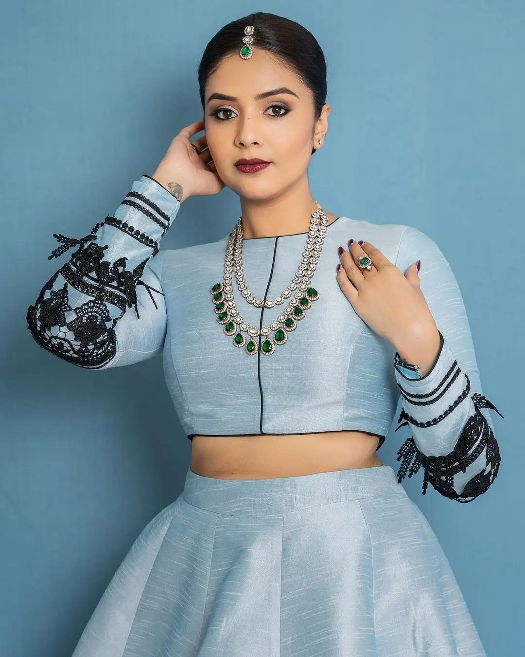 Maa TV Actress Sreemukhi in Green Lehenga Blue Choli